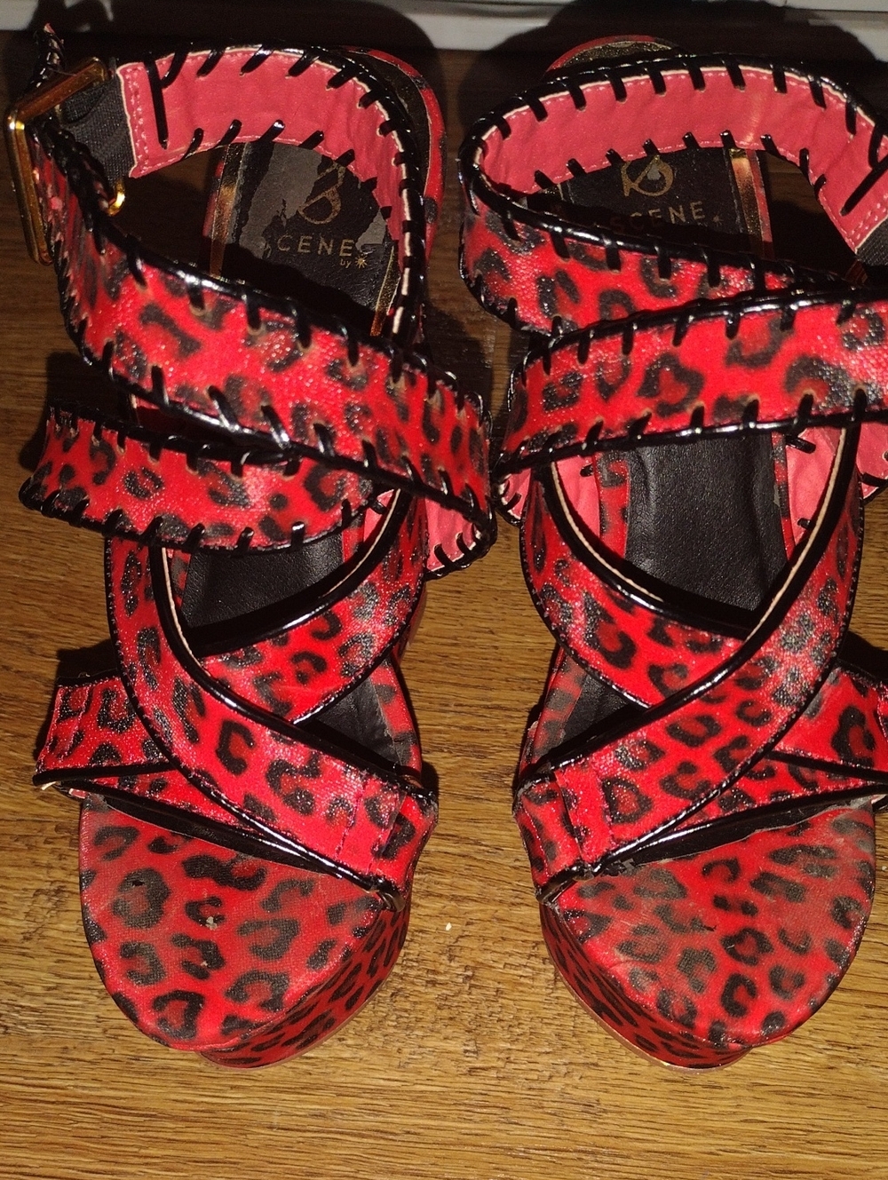 Bold Red Leopard Print Wedge Sandals by ICENE